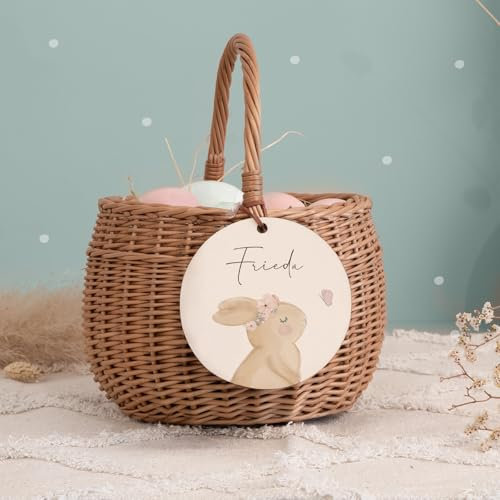 Personalisiertes Osterkörbchen – Weidenkörbchen für Kinder & Babys – Mit süßem Tier-Design – Ostereiersuche & Ostergeschenke - Flechtkorb - hello mini (Hase, Ø10cm)
