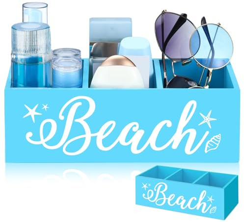 CroBlissful Strandkorb, Blau, Sommer, Strand, Pool, Sonnenschutz | Holz-Caddy mit 3 Fächern, Outdoor-Organizer für Pool, Strand, Indoor-WC-Tank-Tablett, Sonnenblock-Sonnenbrillenhalter