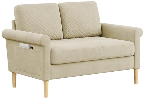 Vesgantti Small 2 Seater Sofa,123cm Fabric Loveseat Sofa with Bilateral Pocket Storage,Upholstered Couch Perfect for Living Room Bedroom Office Apartment, Tool-free Assembly, 123L*70D*88Hcm, Beige