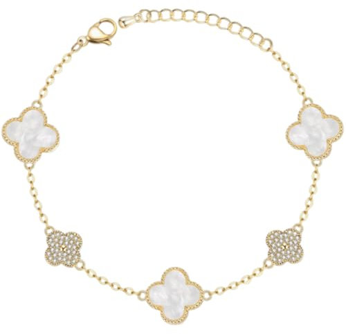 AOWVUTS Vierblättriges Kleeblatt Armband 14K Vergoldet Kleeblatt Armband mit Cubic Zirkonia Verstellbare Stapelbare Glücksarmband Gold Schmuck Geschenk für Damen Frauen Mädche (weiß)