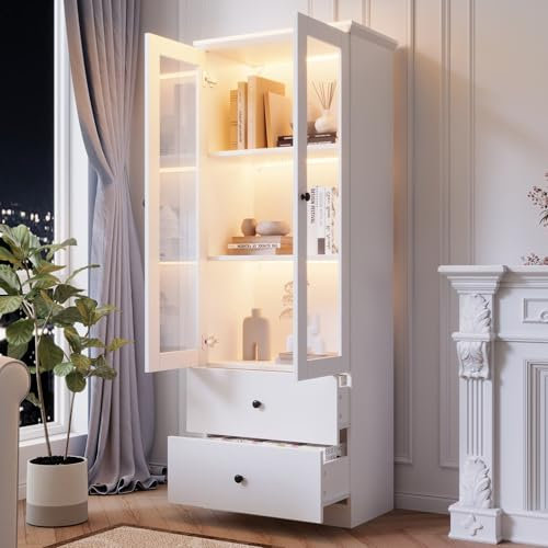 PUGSDRLY Vitrine en Verre avec 2 Porte et 2 tiroir,Vitrine Verticale Blanc avec Lumières LED 16 Couleurs,Bibliotheque,Buffet Salon,Moderne Meubles de Rangement,60x36x165cm (Style-C)