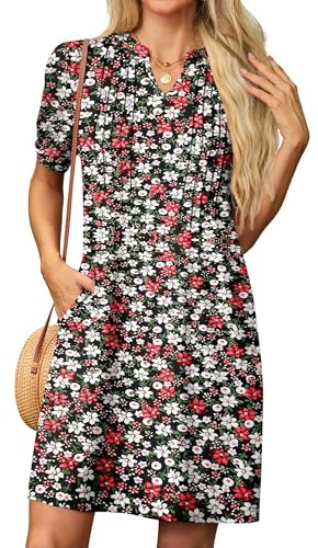 GRECERELLE Womens Dresses Summer Casual Short Sleeve V Neck Shift Dress for Women Ladies T Shirt Dress with Pockets (Black Daffodil, L)
