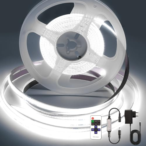 COB LED Streifen 3 m, 6500K LED Strip Kaltweiß Dimmbar, 320LEDs/M mit 24V Netzteil und Fernbedienung, Lichtleiste Selbstklebend 8mm Breite für Küche,TV LED Hintergrundbeleuchtung,Spiegel,Schlafzimmer