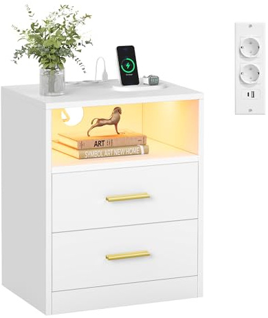 VASAGLE Table de Chevet avec Multiprise, LED, Tiroirs, Ports USB | Table de Nuit, Compartiment Ouvert, 2 Prises CA, Blanc Nuage, Collection CUSTOS LET629WB01