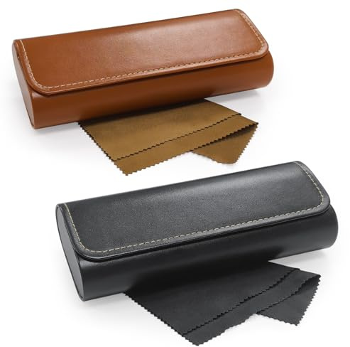 Feruchun 2 Stück Brillenetui Leder con Brillenputztuch,Brillen Etui für Damen Herren,Tragbares Brillenetui,Leicht zu Reinigen (Schwarz + Braun)