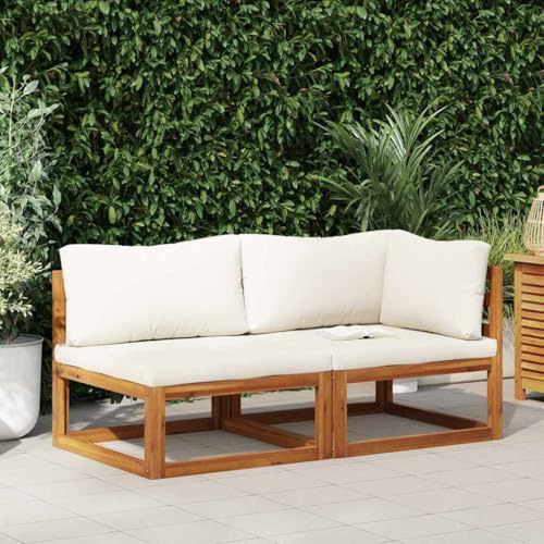 Teenpull 2-TLG. Akazie Massivholz Sofa-Set, cremeweiße Kissen, Garten & Wohnzimmer Möbel, Modulares Eck- & Mittelteil, Robust & Langlebig, 110 kg Tragkraft pro Sitz, für Innen- und Außenbereich