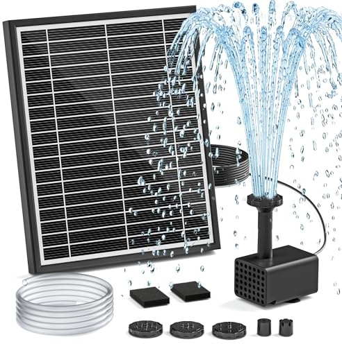 Solar Fountain Pump for Bird Bath, 5.5W Solar Water Pump with 3M Power Cord, Adjustable Ground Stake, 5 Spray Modes & 1.2M Hose, Dry-Run Protection Low Noise for Garden Small Pond Fish Tank