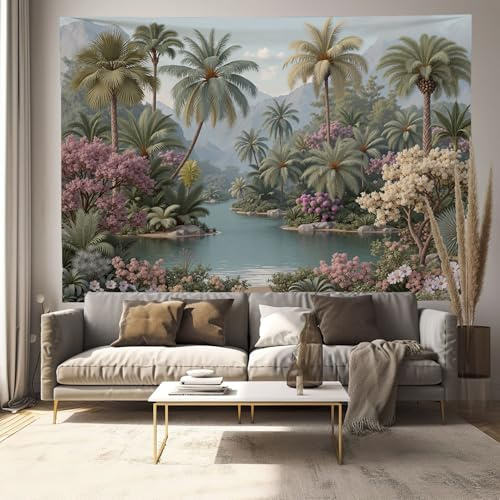 DLERFLOVR Tropische Landschaftsmalerei Wandteppich 75x100 cm Wandbehang Retro Jungle Wandtuch Wandkunst Tapisserie für Schlafzimmer Wohnzimmer Dorm Wand Decor, Graugrün