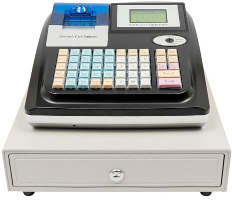 48 Tasten Elektronische Registrierkasse, 100-240V Gastronomie Einzelhandel Kassensystem LED Kundenanzeige POS System mit Abschließbar Kassenschublade für Restaurants Supermärkte Großmärkte