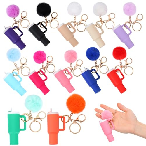 Sutowe Mini Tumbler Keychain for Cup with Detachable Pom Pom Charm, Cute Lip Balm Holder Key Chain Charm Backpack with Gold Alloy Electroplated Clasp for Women Girl Purse Handbag Backpack