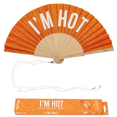 Fisura – Original “I’m Hot” Folding Fan, Modern and Colourful Handheld Fan, Orange Glitter Design for Wedding, Rave, Festival - Includes Strap. Size: 42.5 x 23 cm