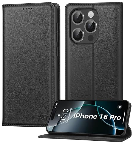 Kirnntca Handyhülle für iPhone 16 Pro Hülle, Kartenfach Premium PU Leder Klapphülle Schutzhülle, Standfunktion Tasche Flip Case für iPhone 16 Pro - Schwarz