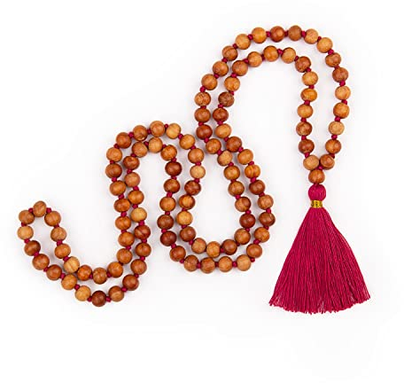 Bodhi Mala Kette mit Sandelholz-Duft und farbiger Quaste in pink, 108 Perlen
