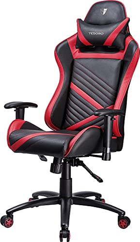 Tesoro Zone Speed F700 Gaming Stuhl - Schreibtischstuhl mit PU Kunstleder, Wippfunktion, verstellbare Armlehnen und Lordosenstütze Lendenkissen, rot
