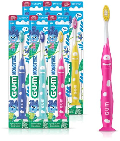 GUM Monsterz Jr Kids’ Toothbrush, Soft Bristled Children’s Toothbrush with Suction Cup, for Ages 5+, 1 Count(Pack of 6)