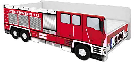 ACMA Kinderbett Auto-Bett Feuerwehr mit Rausfallschutz, Lattenrost und Matratze (140x70 + Name)