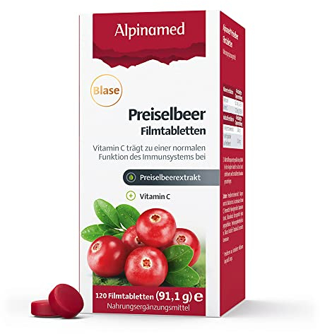 Alpinamed® Preiselbeer Filmtabletten - Zum Schutz der Harnwege – 120 Stück mit hochwertigem Preiselbeer-Gesamtextrakt & Vitamin C – Praktisch für unterwegs