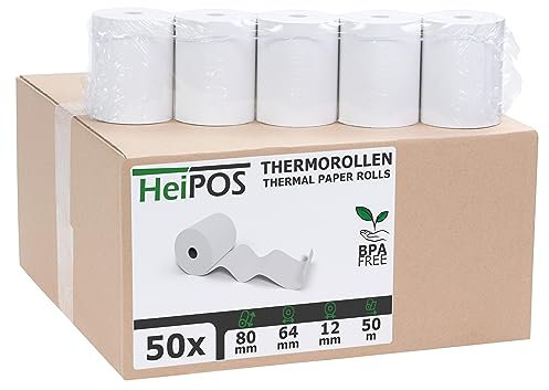 HeiGroup HeiPOS - 50x Kassenrollen Thermorollen - 80 mm x 50 m x 12 mm - 55 g/m² Papier - Für EC-Cash, Kreditkarten Kassensysteme und mehr