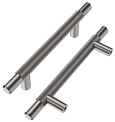Alzassbg 10 Pack Black Nickel Cabinet Pulls, 3-3/4 Inch(96mm) Hole Centers Cabinet Handles Kitchen Hardware Knurled T Bar European Style Drawer Handle Pull AL3015AS