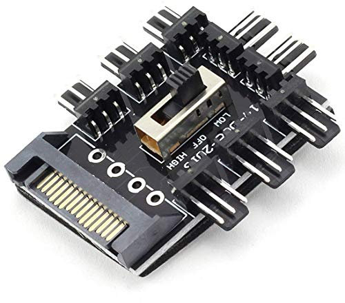 LTronics 8 Fan Controller Hub Adapter with 2 Level Speed Control, 3 Pin, 12V SATA Power - Black