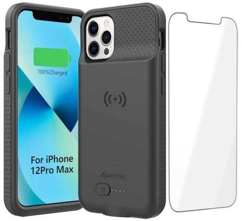 Alpatronix Battery Case for iPhone 12 Pro Max / 13 Pro Max, Slim Portable Protective Extended Charger Cover with Wireless Charging, Lightning Input, Apple Pay, CarPlay - BX12Pro Max - Matte Black