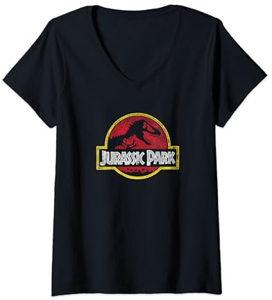 Jurassic Park Classic Retro Red Doodle Transparent Logo Maglietta con Collo a V