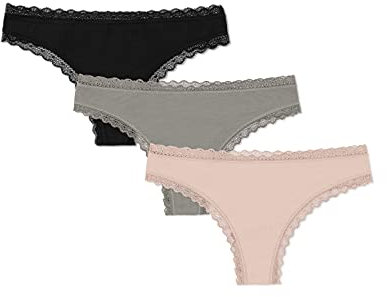 Snocks Tanga Damen mit Spitze aus Bio-Baumwolle 3er Pack - String Damen Klassisches Design - Angenehmes Tragegefühl ohne Einschneiden - Unsichtbare Unterwäsche - Apricot/Green/Schwarz - XS
