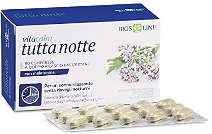 BIOS LINE VitaCalm Tutta Notte, Integratore per dormire con Melatonina, Integratore rilassante a doppio rilascio per favorire il rilassamento ed un sonno tranquillo, 60 compresse