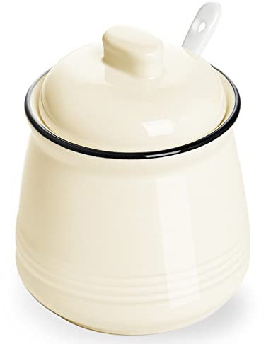 HAOTOP Porcelain Salt Bowl with Lid and Spoon,Ceramic Sugar Bowl 12oz (Beige)