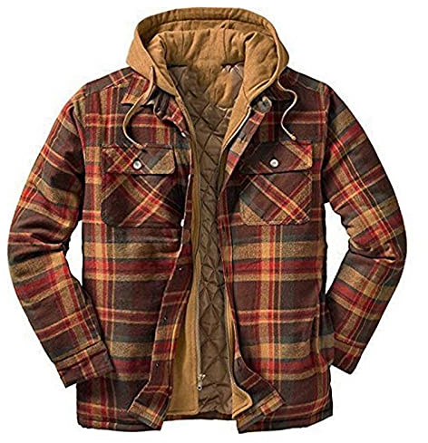 YEBIRAL Herren Karierte Jacke Karohemd Thermohemd Kapuzenjacke mit Reißverschluss Herbst Hemdjacke Gesteppte gefüttert Winterjacke Leichte Freizeitjacke Holzfällerhemd