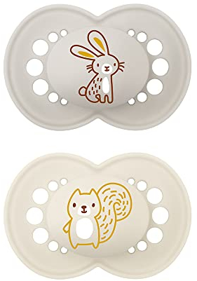 MAM Schnuller, ab 6 Monaten, mit symmetrischem Sauger, flach und flexibel, aus weichem Silikon, leicht anzunehmen, mit selbststerilisierender Box, Original, neutral matt, 2 Stück