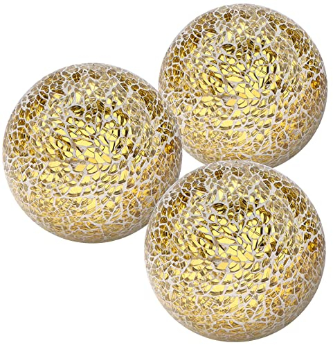 Kepfire 3Pcs Mosaic Glass Sphere 8cm Round Crackl Orbs for Bowls Vases Dining Table Centerpiece Home Decoration - Gold