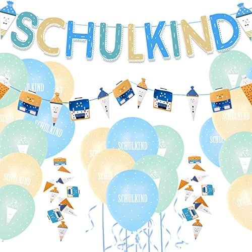 Einschulung Deko Set für Junge, Schulkind Girlande + Schultüte und Schulranzen Banner + Schuleinführung Schulanfang Luftballon + Zuckertüten Konfetti