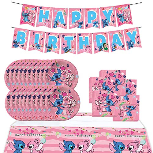 Pink Stitch Party Birthday Supplies, Cartoon Stitch Theme Party Tableware with Happy Birthday Banner, Tablecloth, 20 Disposable 7 Paper Plates with Napkins for Kids Birthday Party Decorations