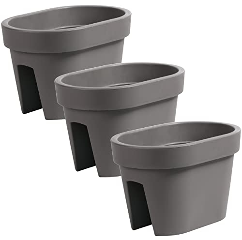 botle Juego de 3 cajas para balcón, jardineras, barandillas, balcones, macetas de barandilla, 39,5 cm, 12,3 L, piedra gris, ovalada