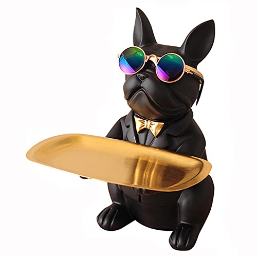 Resina Bulldog Bandeja Estatua Animal Escultura de Almacenamiento Perro francés Mesa Hogar Dulces para el hogar Oficina Decoraciones Lindas estatuas de mayordomo (Negro)