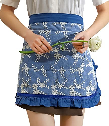Floosum schöne Baumwoll-Schürze mit Spitze, bestickt, für Kellnerinnen und Mädchen, Blau, Medium