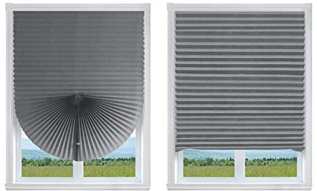 2 Pack No Drill Blinds Pleated Fabric Blind Light Filtering Shade Instant Stick on Window Blinds for Bedroom Kitchen Bathroom Office Window with 4 Clips (Grey - 2 Packs, 60 * 180cm/24 x 71 Inch)