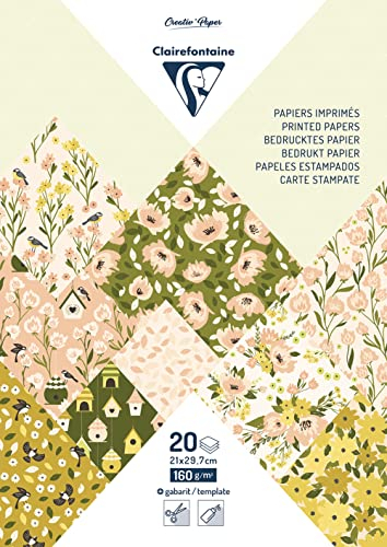 Clairefontaine 95546C - Block mit bedrucktem Papier DIN A4 (21x29,7cm), 20 Blatt mit Motiven 160g + 1 kreative Idee, Frühling, 1 Block