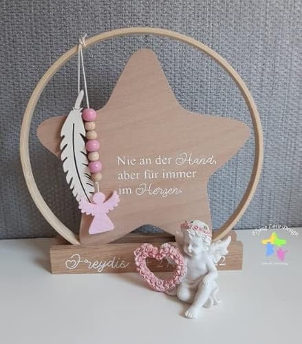 Erinnerung an ein Sternenkind | Ring mit Stern mit Spruch und Namen | Geschenk zur Beerdigung | Stern aus Holz 17 x 17 cm | Geschenk zur Beerdigung | Geschenk für Sterneneltern