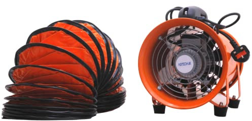 AirTech-UK Commercial Portable Ventilation Axial Metal Blower Exhaust Fan Industrial Extractor Workshop Fan(8/10/12/16 Inches with 5/10mt Duct) (8 Inch, With 5m Duct)