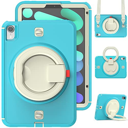 V-MOTA 8.3 Inch Flat Protect Compatible with New iPad Mini 6 (2021 Model), Rugged Heavy Duty Shockproof Rotatable Kickstand Bracelet Protective Cover (Beige+SkyBlue)