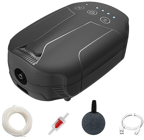 Mini Silent Aquarium Air Pump Waterproof Portable USB plug Type-c charge 5v battery operated fish tank air stone rechargeable (Black,2W)