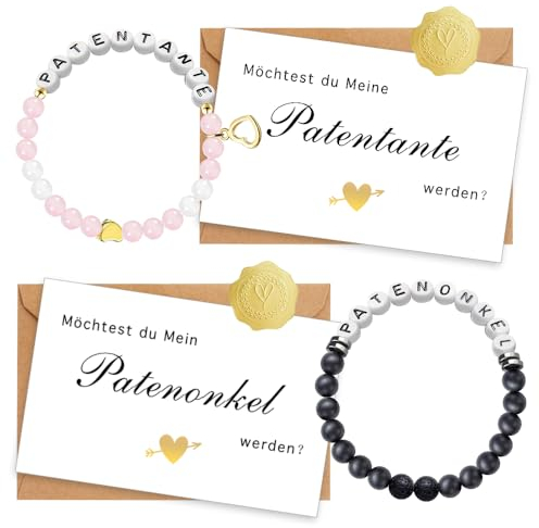 YANSYUN Patentante Geschenk Patenonkel Geschenk Set, Edelstein Perlen Stretch Patentante Armbänder mit Patentante Fragen Karte Umschlag