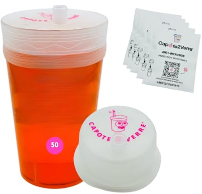 Capote2Verre Lot de 50 Protege verre anti drogue - Capote de verre anti drogue - Cache gobelet anti ghb soirées, boîte de nuit - Anti renversement - Réutilisable, S’adapte à tous les verres