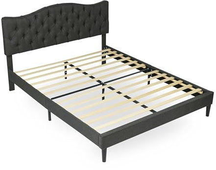MEUBLE COSY Lit Double 140x190 cm avec Sommier à Lattes en Bois et Tête de Lit revêtement en Tissu, Scandinave, pour Chambre, Adulte, Adolescent, Gris