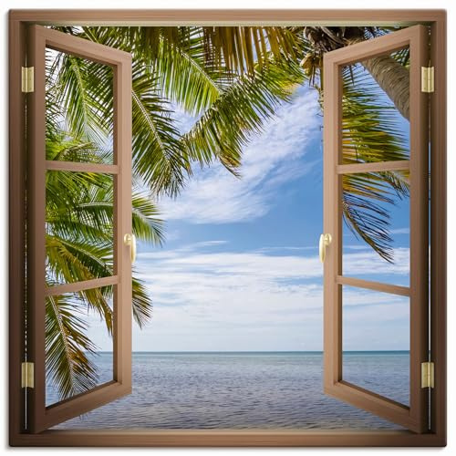 ARTLAND Wanddeko Leinwand Bilder Wandbild 40x40 cm Fensterbilder Fenster Paradies Strand Meer Palme Florida Urlaub U5CE