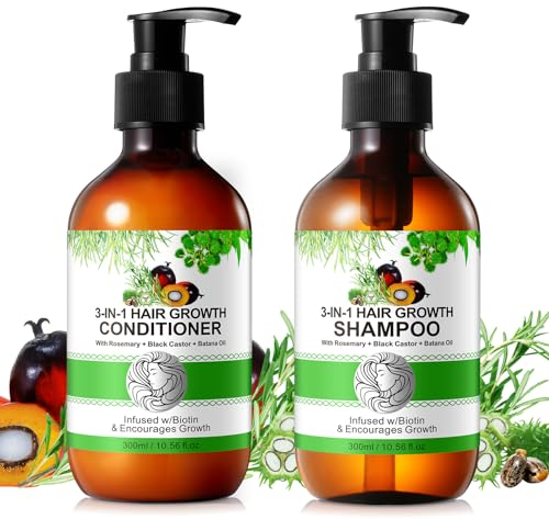 KLLALO 3-in-1-Shampoo und Conditioner Set mit Biotin-Rosmarin, schwarzem Rizinus- und Batana-Öl, 2 x 10,56 fl oz Shampoo und Conditioner zur Stärkung und Wiederherstellung von brüchigem Haar (#3)