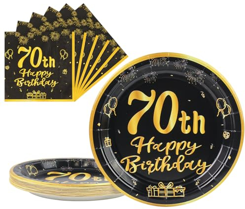 AHPYEUHK 9 Pouces Assiette Jetable 25 pcs & Serviette 25 pcs Decoration Anniversaire 70 ans Papier Jetable Noir Or Kit Dessert Vaisselle Jetable Femmes Hommes