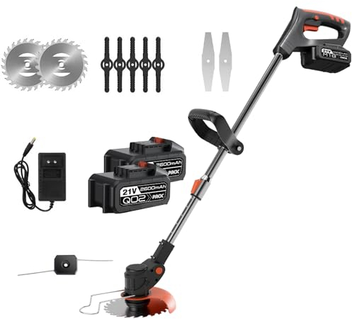 Tagliabordi senza fili, decespugliatore a batteria da 21 V con 3 lame e testa di taglio, testa girevole a 90°, adatto per la falciatura di giardini, prati e terreni agricoli (due pile)
